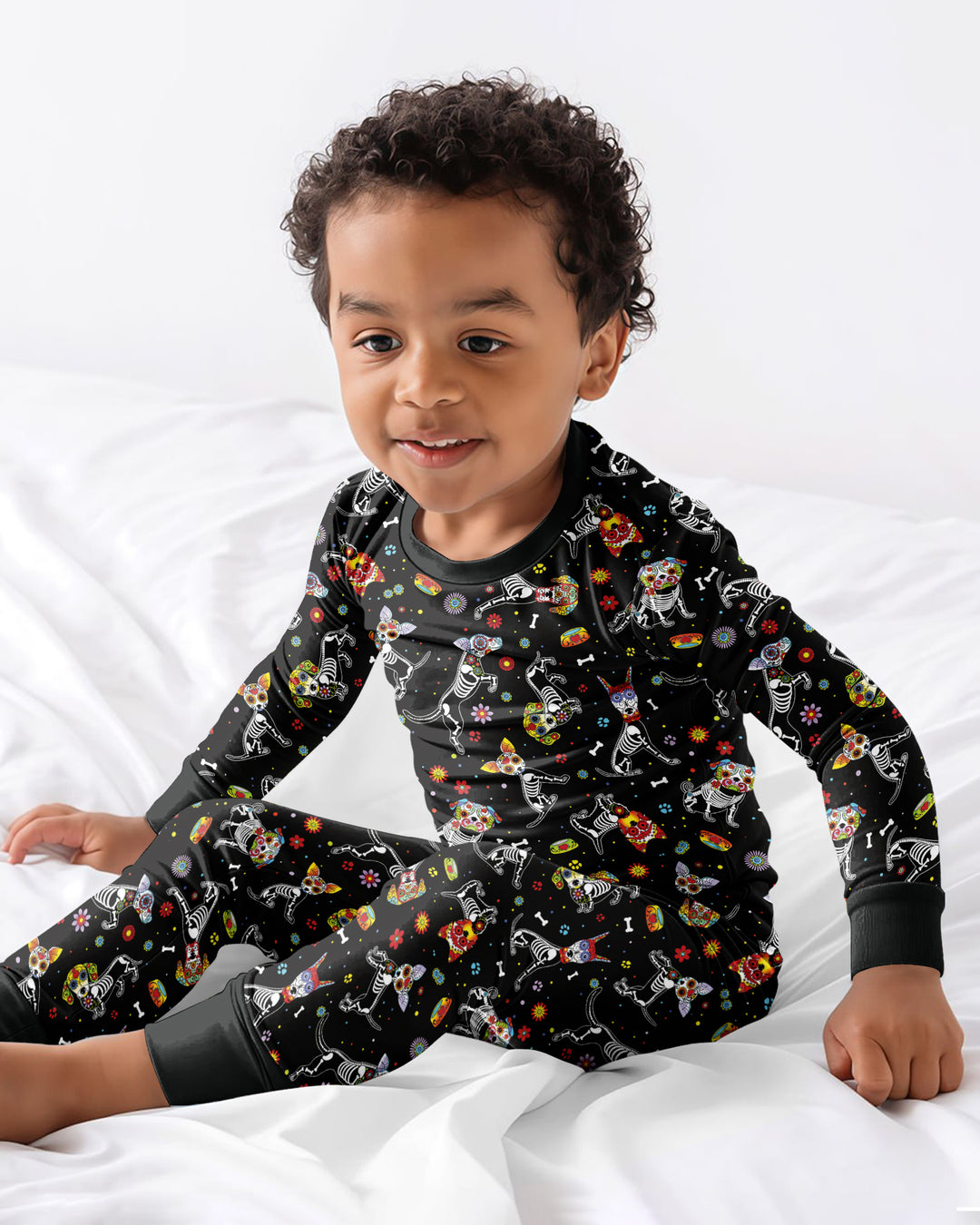 Sugar Skull Día de los Muertos Halloween Dog Mexican Bamboo Two Piece Long Sleeve Pajama Set