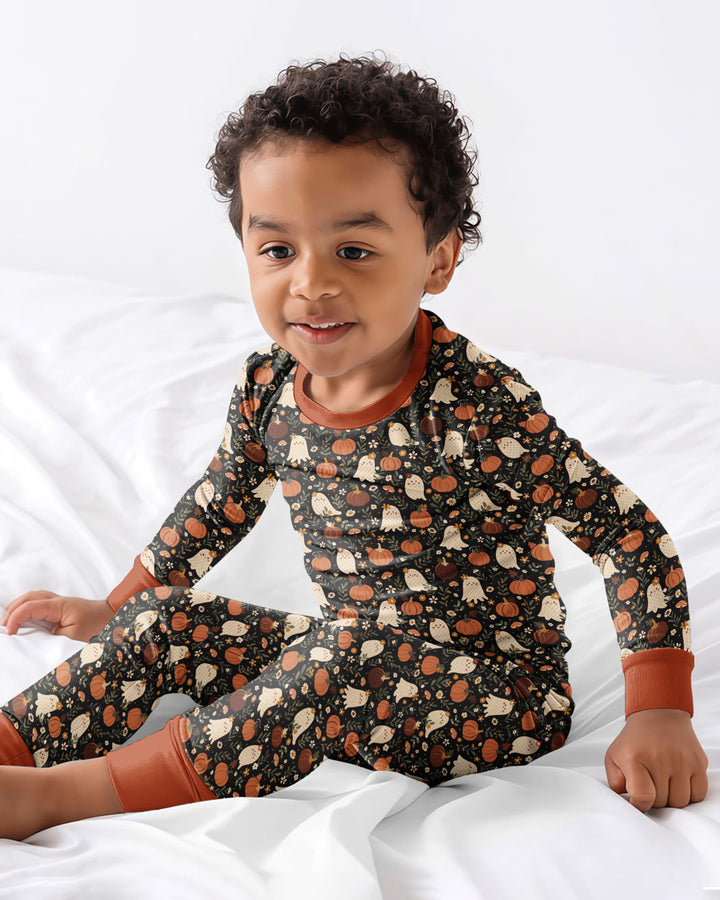 Ghost Pumpkin Harvest Floral Halloween Bamboo Two Piece Long Sleeve Pajama Set
