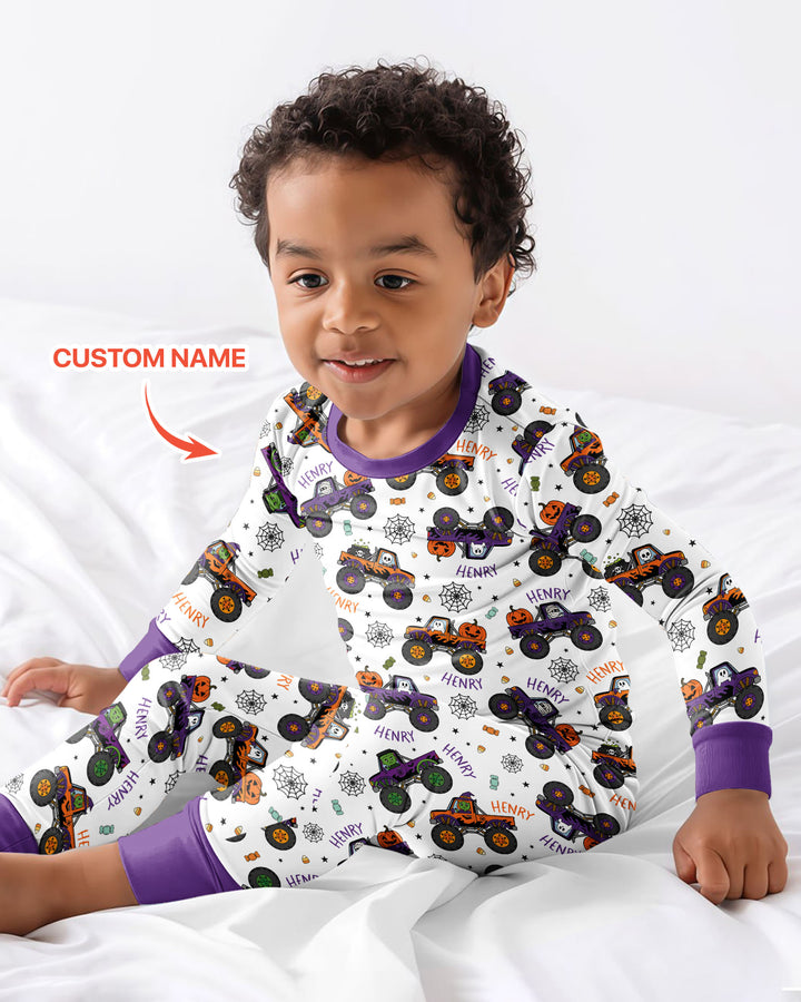 Custom Name Halloween Monster Truck Bamboo Two Piece Long Sleeve Pajama Set