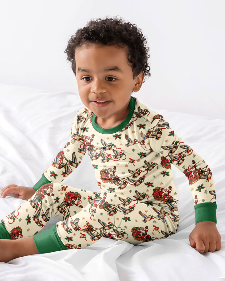 Santa Sleigh with Mallard Ducks Bamboo Two Piece Long Sleeve Pajama Set