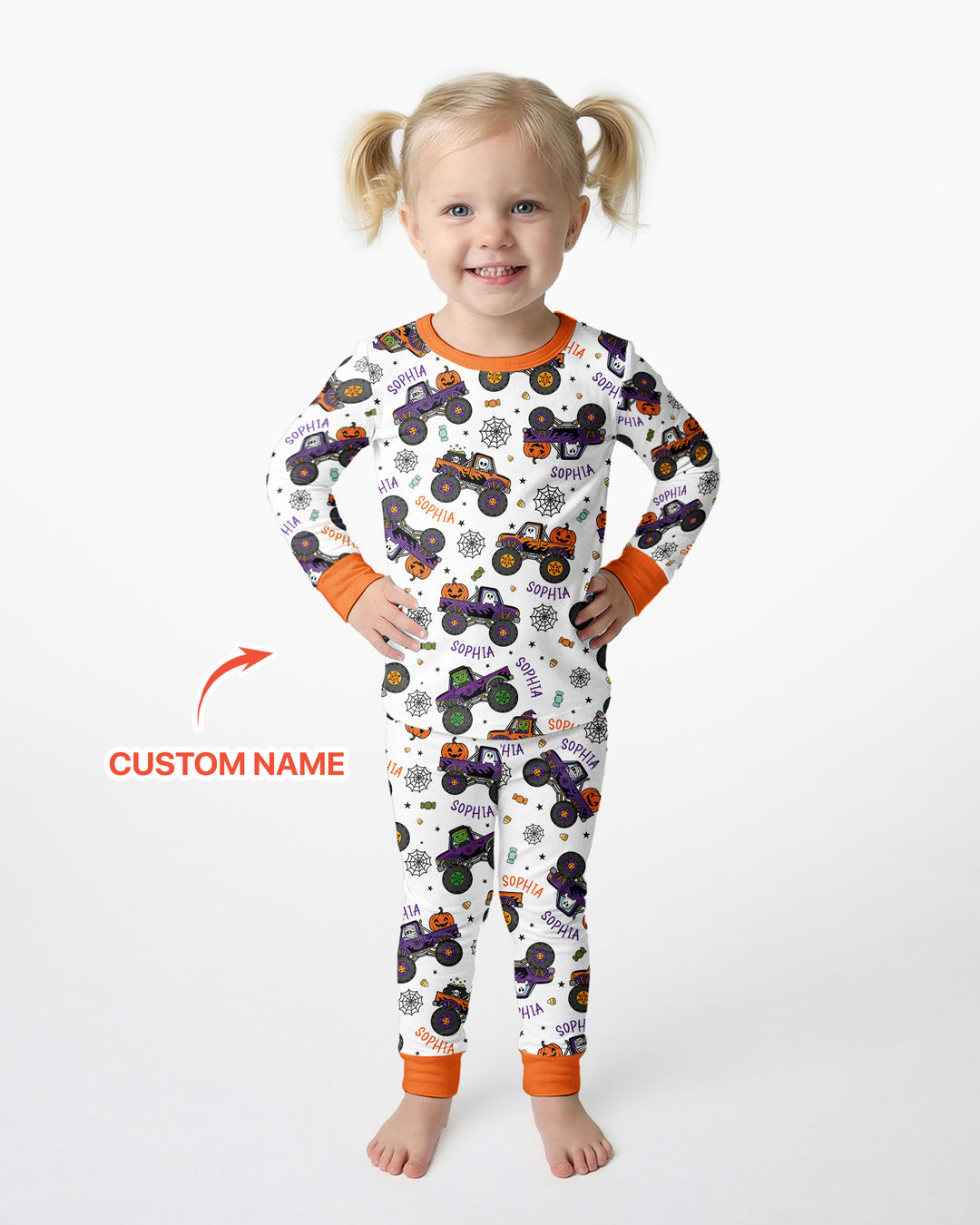 Custom Name Halloween Monster Truck Bamboo Two Piece Long Sleeve Pajama Set