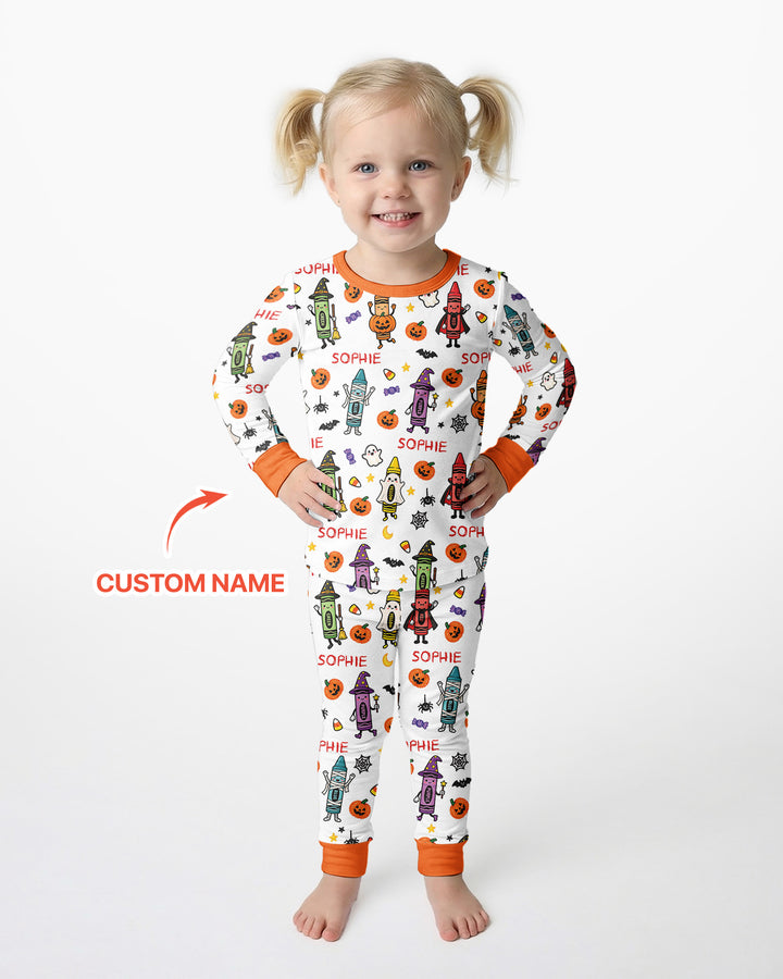 Custom Name Halloween Crayon Bamboo Two Piece Long Sleeve Pajama Set
