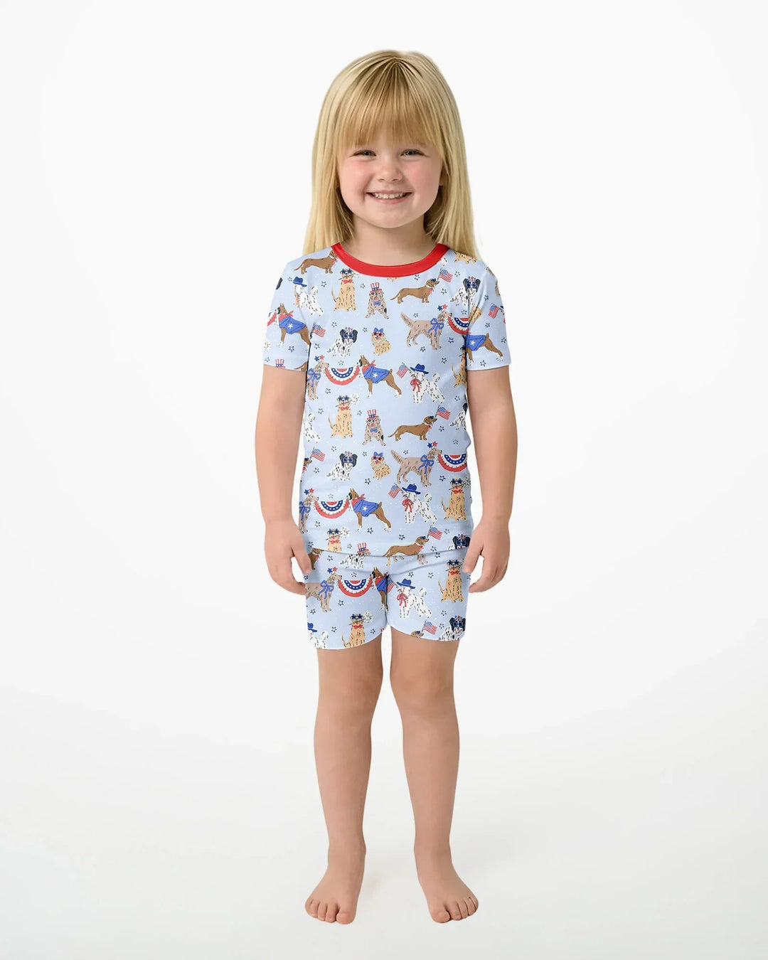 Conjunto de pijama de dos piezas de bambú a juego para la familia, con estampado de "Patriotic Pups", de manga corta y pantalón corto