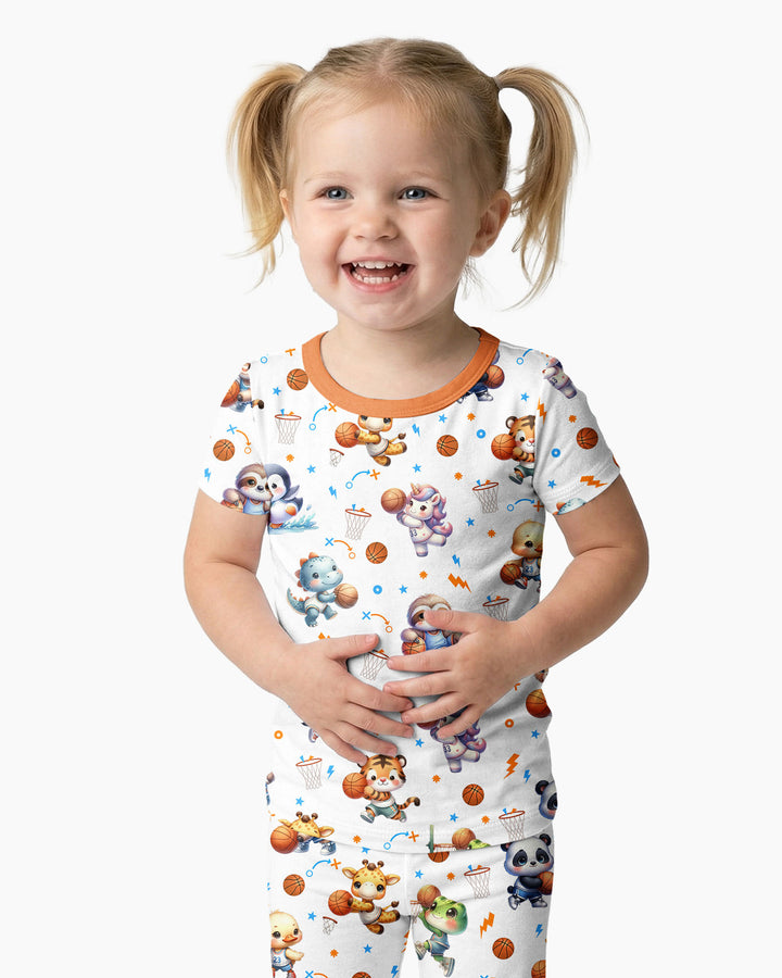 Cartoon Basketball Animals Bamboo Two Piece Short Sleeve Pajama Set