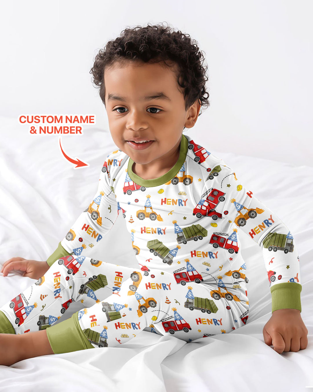 Personalized Birthday Trucks Bamboo Two Piece Long Sleeve Pajama Set