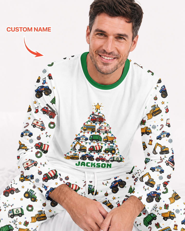 Custom Name Little Trucks Christmas Tree Bamboo Men's Pajama Set