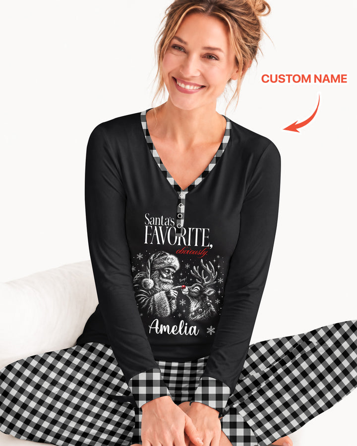 Custom Name Santa's Favorite Buffalo Plaid Bamboo Women Pajama Set