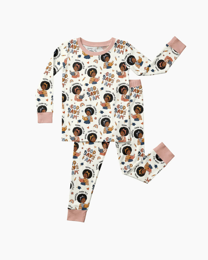 God Says I Am Cute Learning Afro Girl  Bamboo Two Piece Long Sleeve Pajama Set