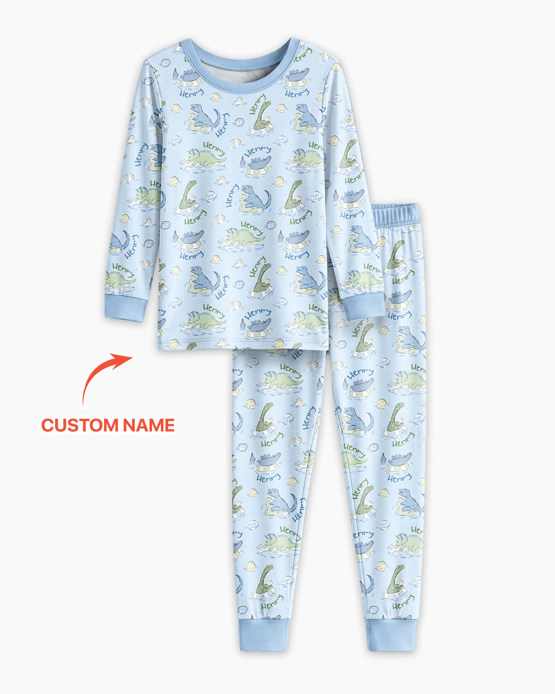 Dinos Swimming Custom Name Bamboo Two Piece Long Sleeve Pajama Set
