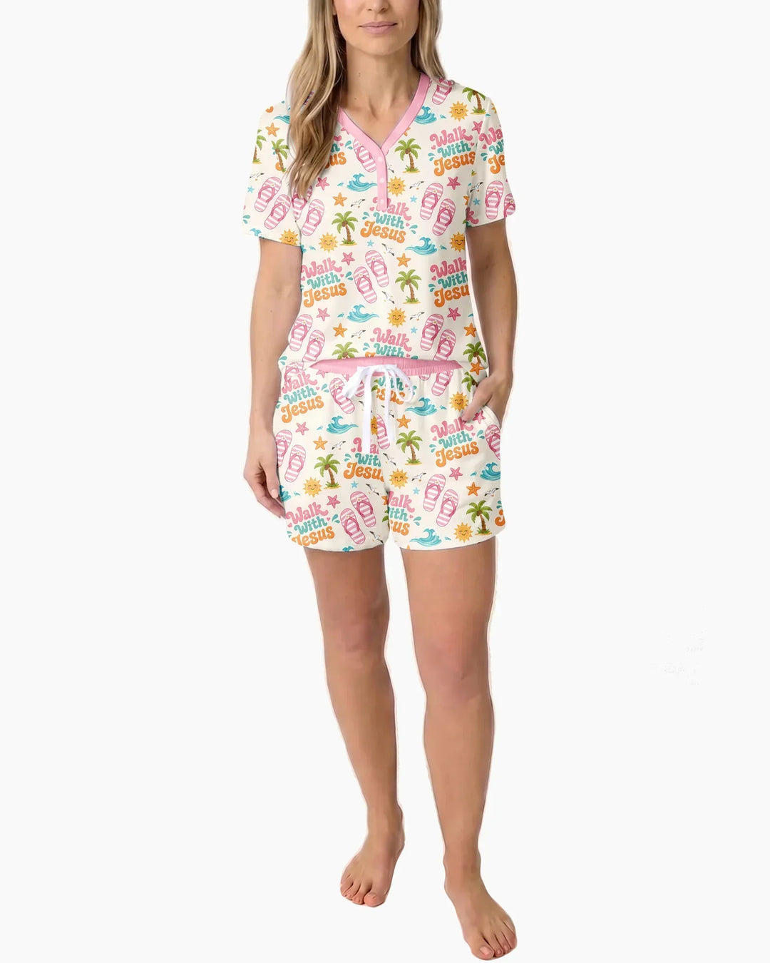 Groovy Summer Walk With Jesus Bamboo Women Short Sleeve Short Pajama Set
