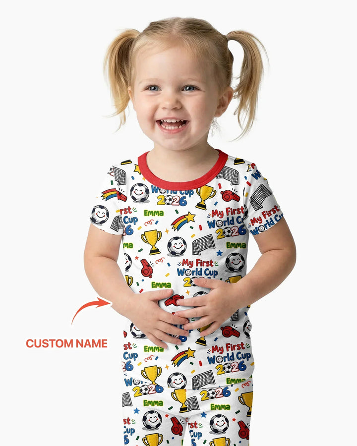 Custom Name My First Soccer Cup Bamboo Two Piece Short Sleeve Pajama Set