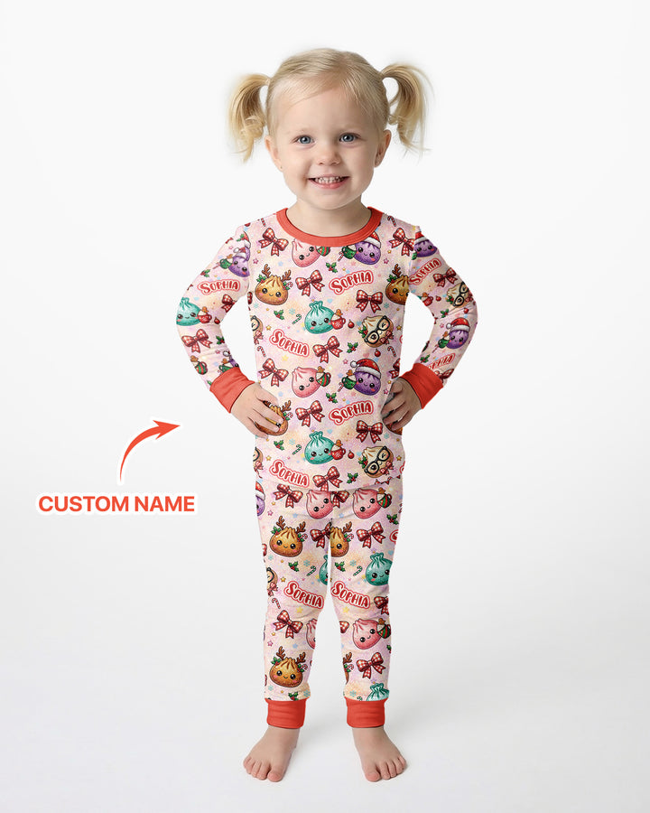 Custom Name Merry Christmas Dumpling Bamboo Two Piece Long Sleeve Pajama Set