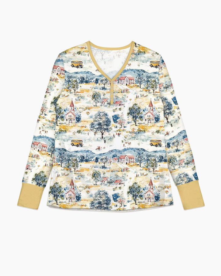 Whimsical Watercolor School Village Bamboo Women Pajama Set