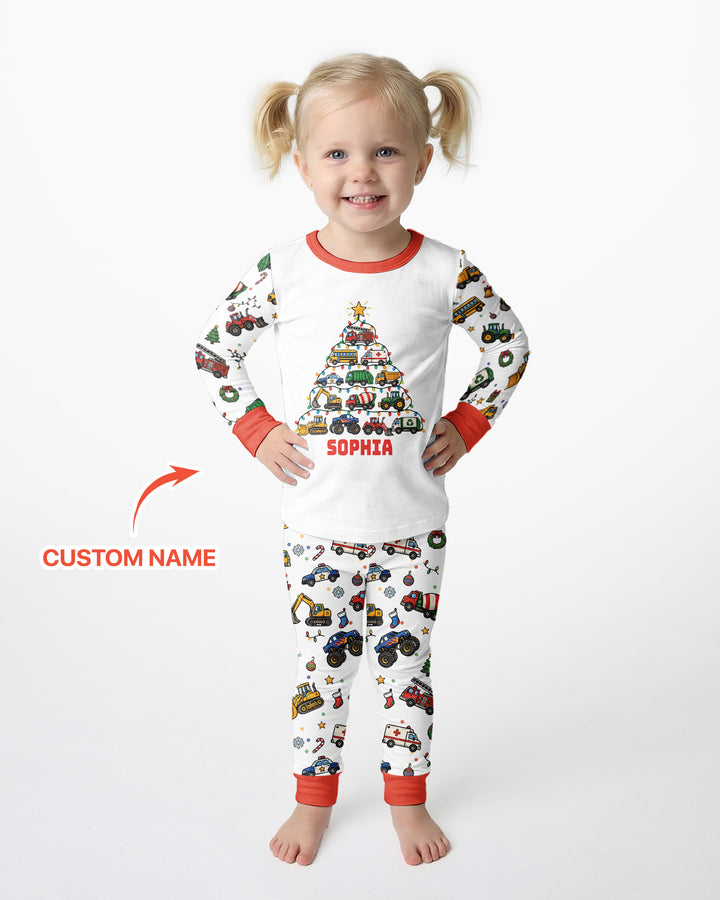 Custom Name Little Trucks Christmas Tree Bamboo Two Piece Long Sleeve Pajama Set