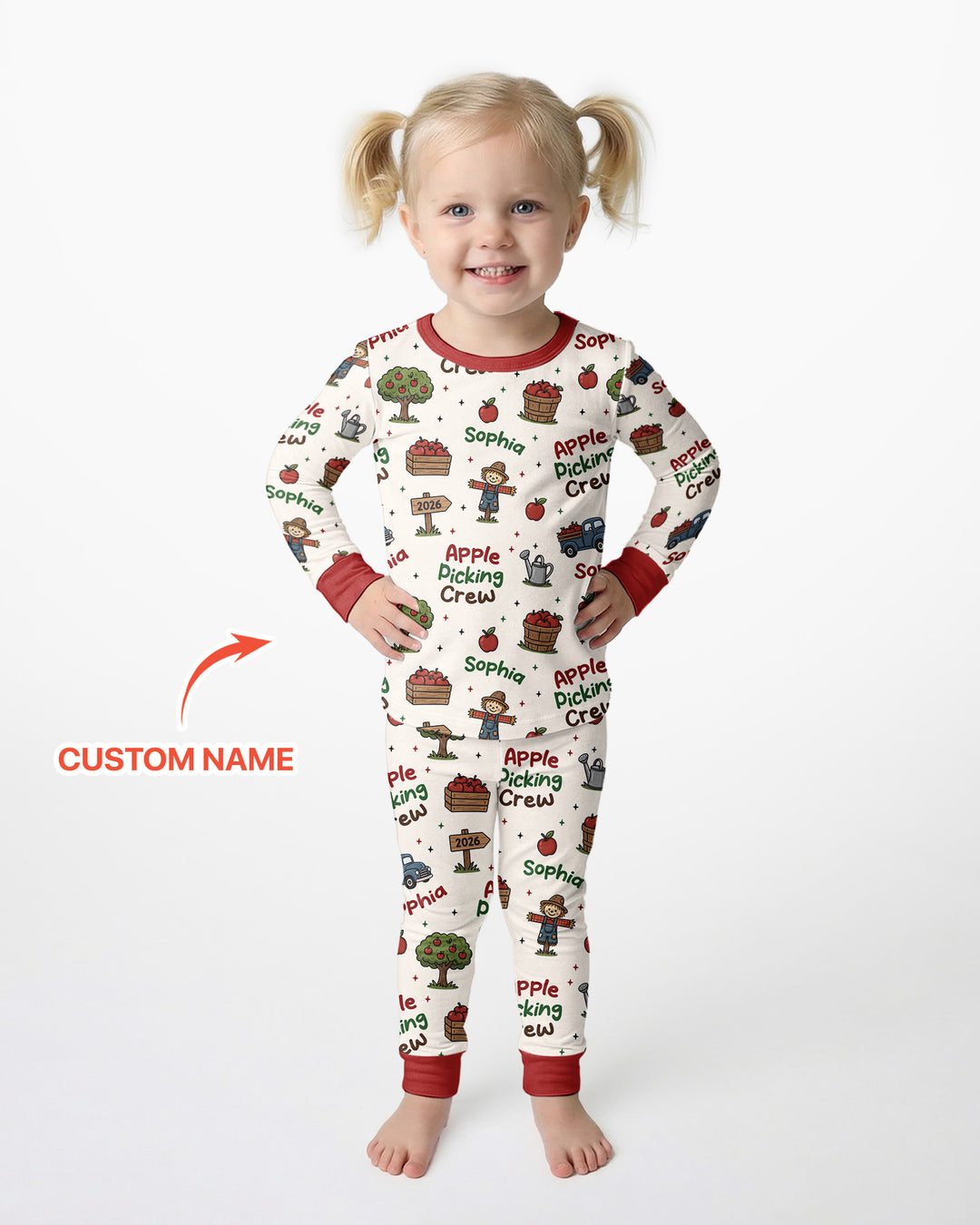 Custom Name Apple Picking Crew Bamboo Two Piece Long Sleeve Pajama Set