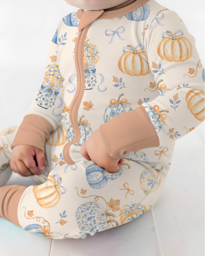 Preppy Blue and Orange Chinoiserie Pumpkin Bamboo Convertible Zippy