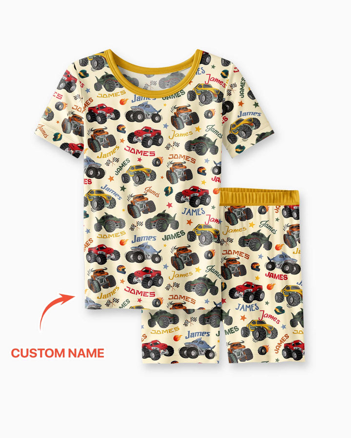 Personalized Monster Truck Bamboo Two Piece Short Sleeve Shorts Pajama Set