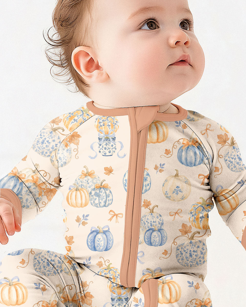 Preppy Blue and Orange Chinoiserie Pumpkin Bamboo Convertible Zippy