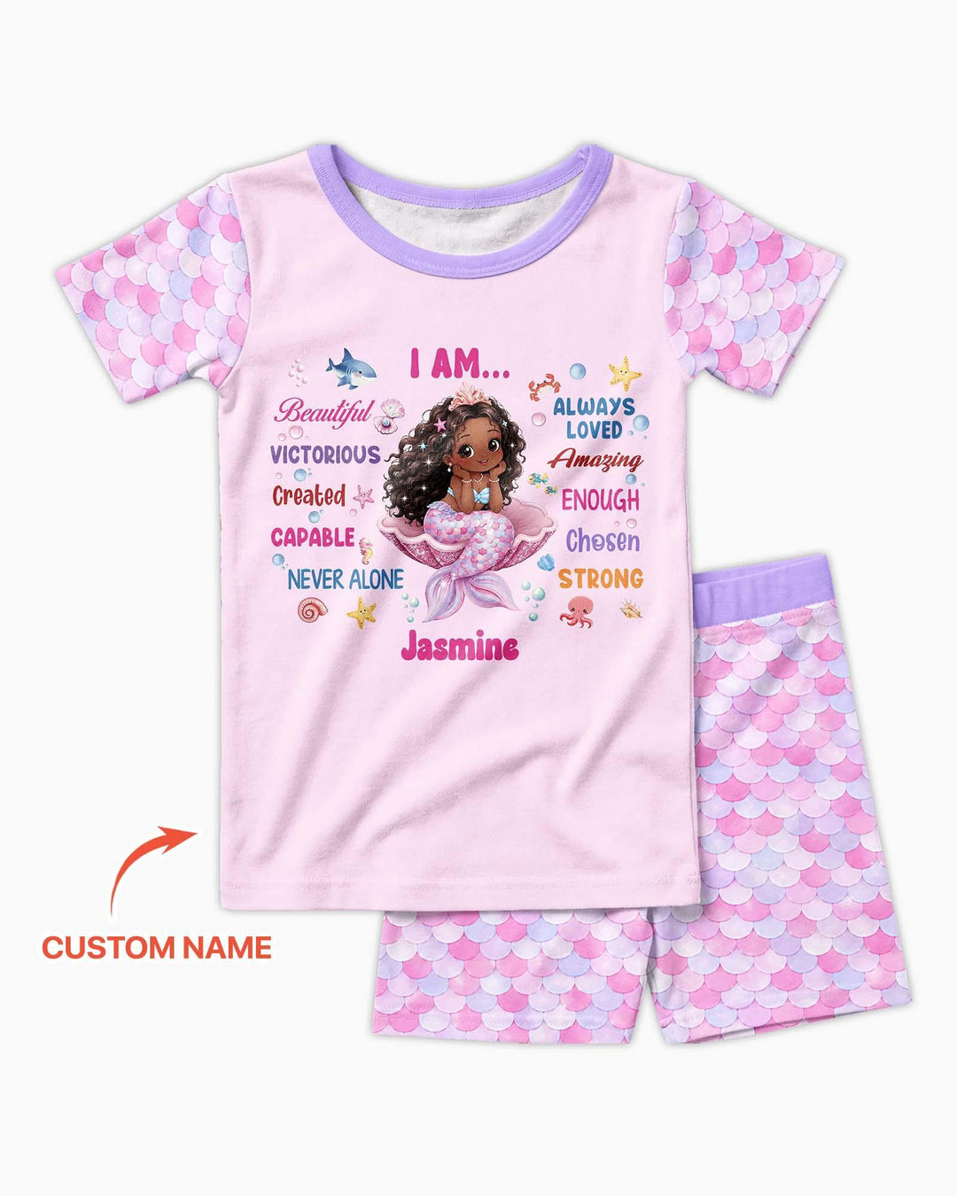 Custom Name Black Mermaid I Am Beautiful Bamboo Two Piece Short Sleeve Shorts Pajama Set