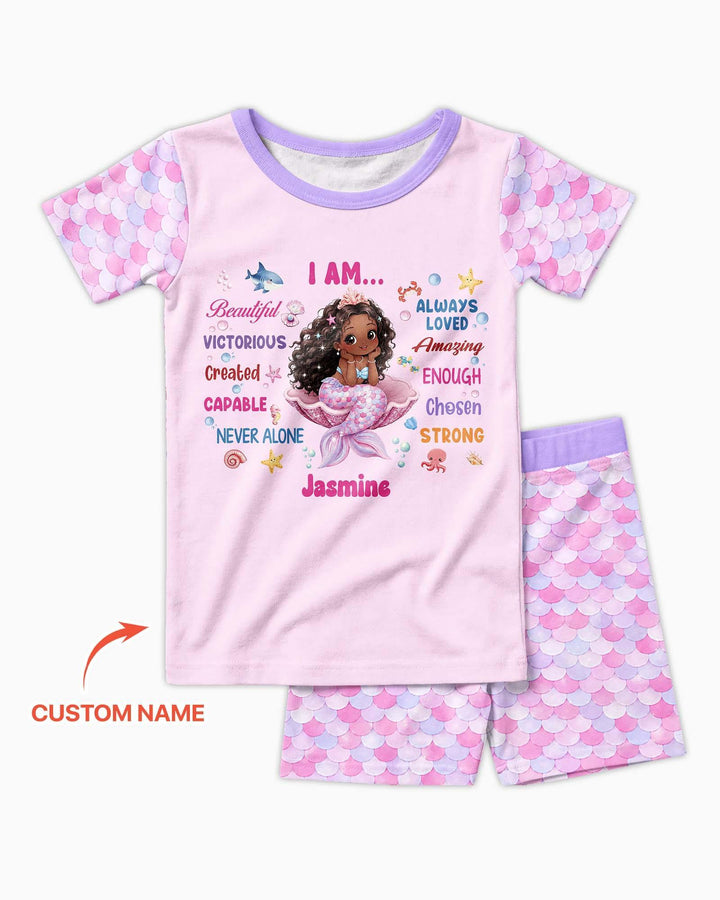 Custom Name Black Mermaid I Am Beautiful Bamboo Two Piece Short Sleeve Shorts Pajama Set