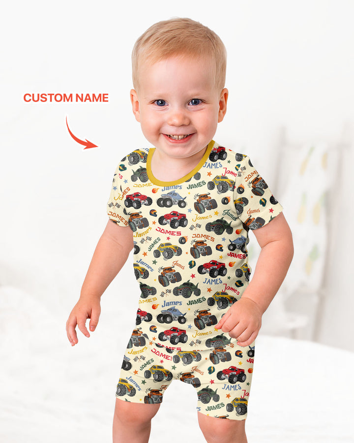 Personalized Monster Truck Bamboo Two Piece Short Sleeve Shorts Pajama Set