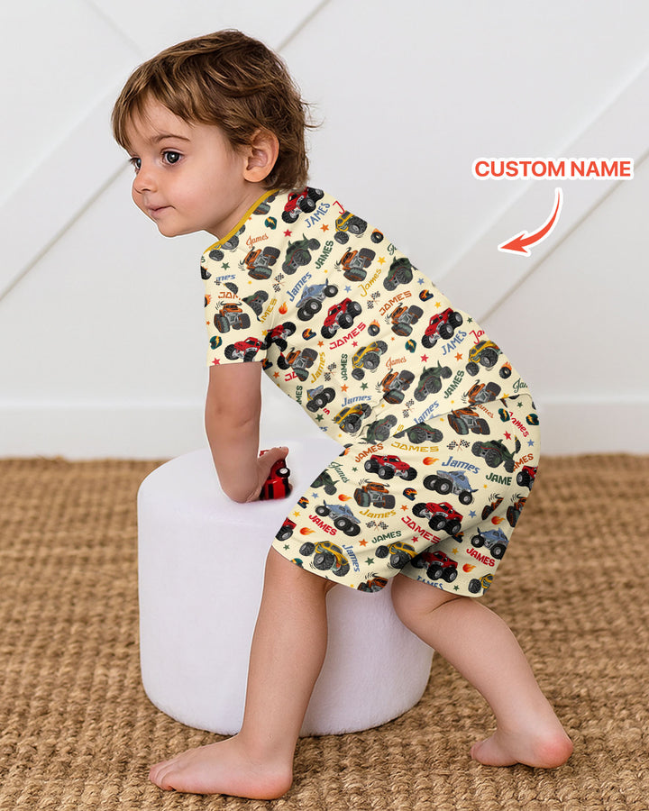 Personalized Monster Truck Bamboo Two Piece Short Sleeve Shorts Pajama Set