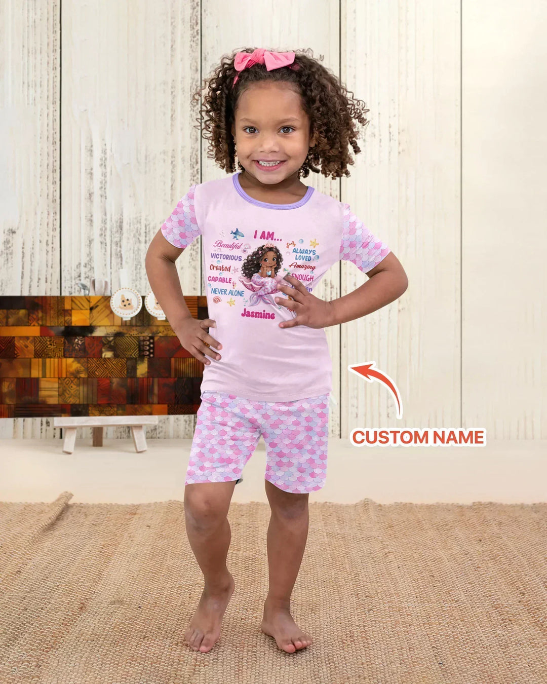 Custom Name Black Mermaid I Am Beautiful Bamboo Two Piece Short Sleeve Shorts Pajama Set