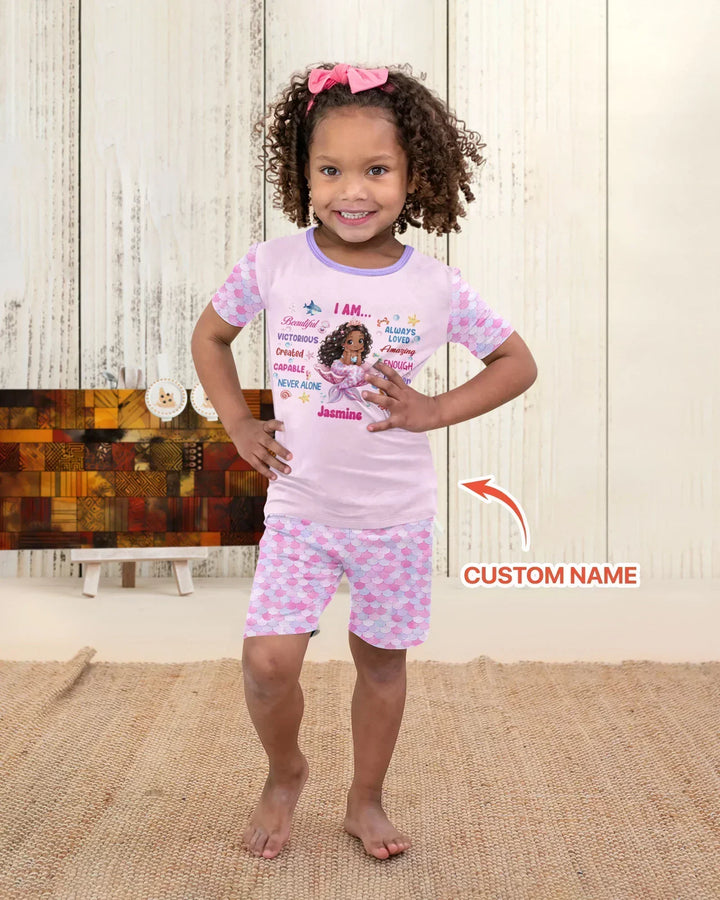 Custom Name Black Mermaid I Am Beautiful Bamboo Two Piece Short Sleeve Shorts Pajama Set