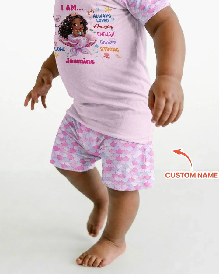 Custom Name Black Mermaid I Am Beautiful Bamboo Two Piece Short Sleeve Shorts Pajama Set