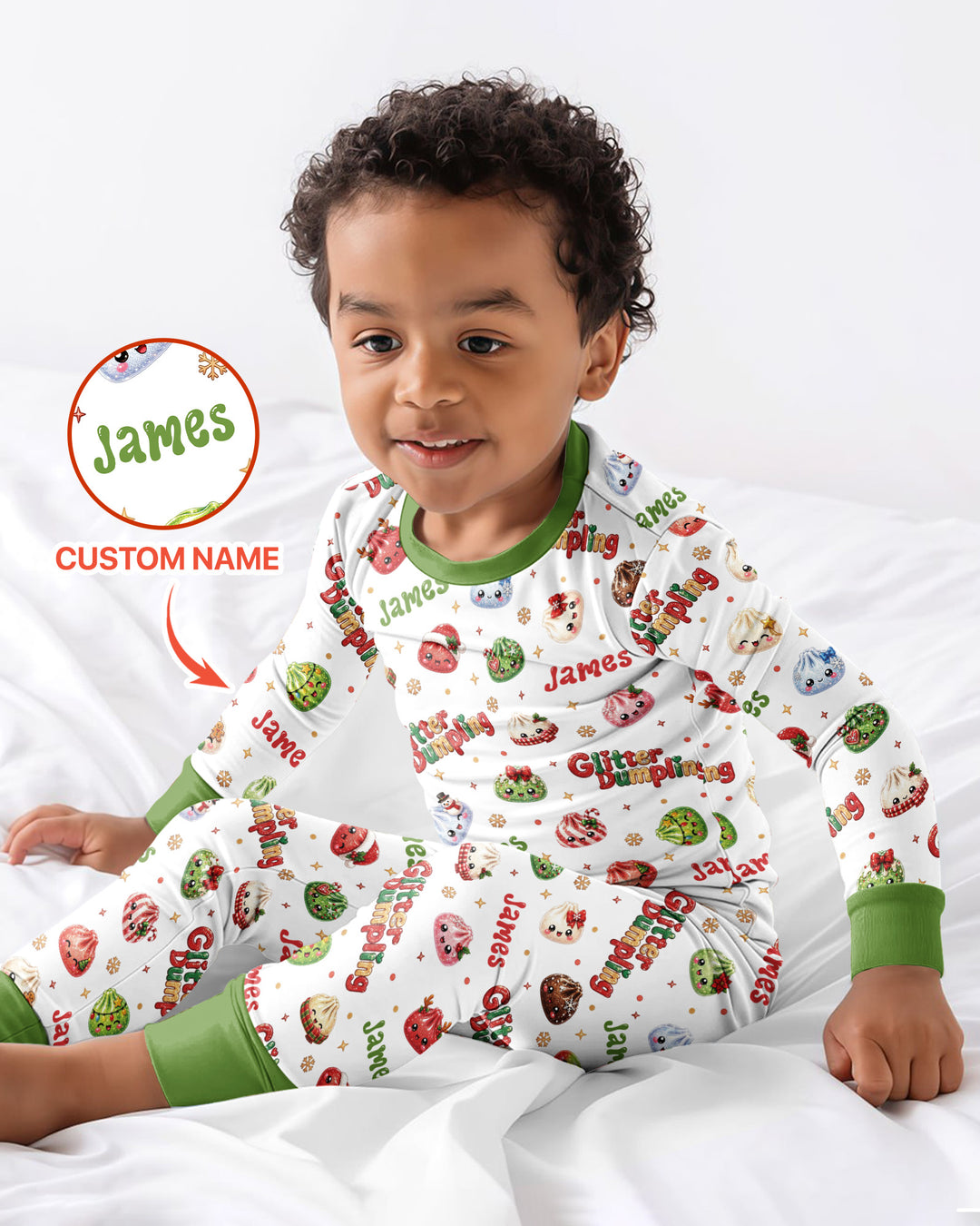 Custom Name Glitter Christmas Dumpling  Bamboo Two Piece Long Sleeve Pajama Set
