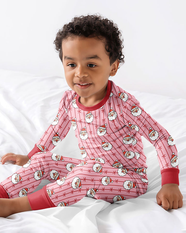 Pink Santa Bow Stripe Christmas Bamboo Two Piece Long Sleeve Pajama Set