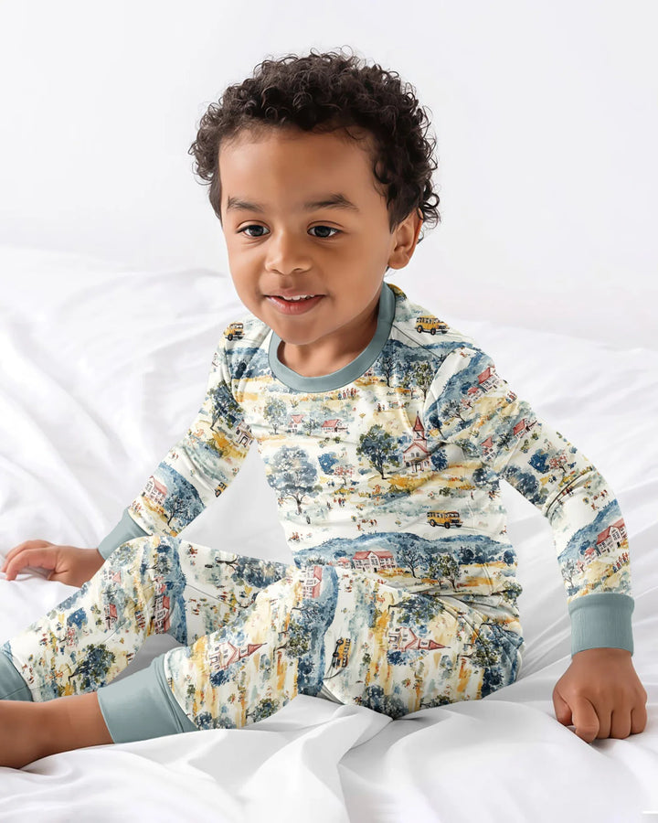 Whimsical Watercolor School Village Bamboo Two Piece Long Sleeve Pajama Set