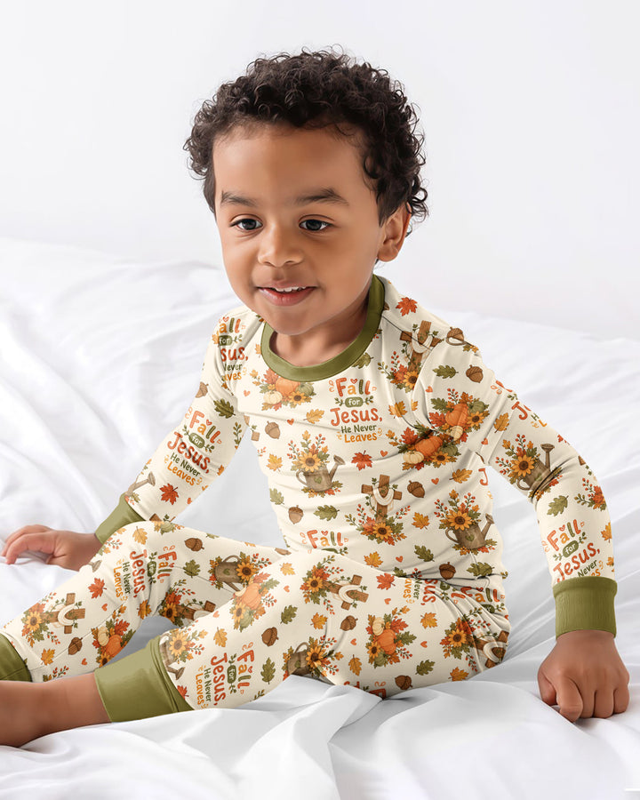 Fall For Jesus He Never Leaves Bamboo Two Piece Long Sleeve Pajama Set