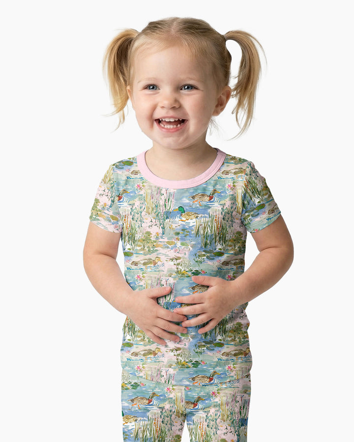 Watercolor Mallard Duck Bamboo Two Piece Short Sleeve Pajama Set