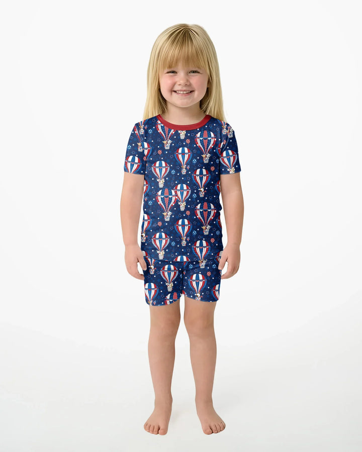 Patriotic Pups in Hot Air Balloons Family Matching Bamboo Two Piece Short Sleeve Shorts Pajama Set