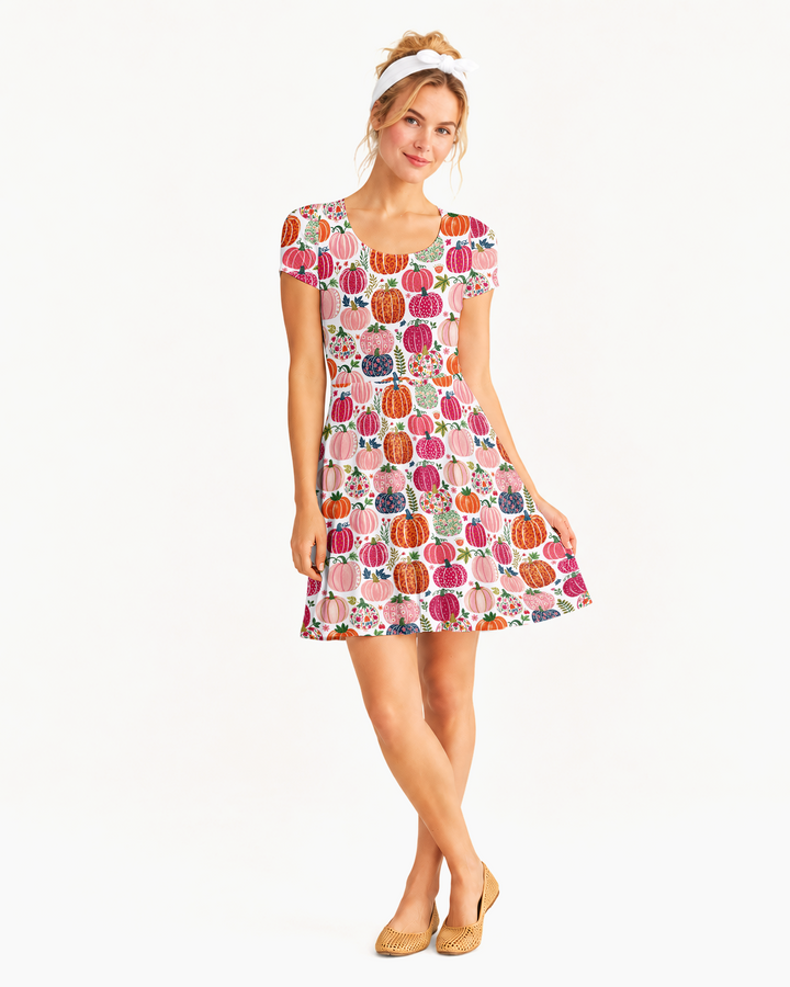 Pumpkin Patch Party Bamboo Women’s Short Sleeve Twirl Dress