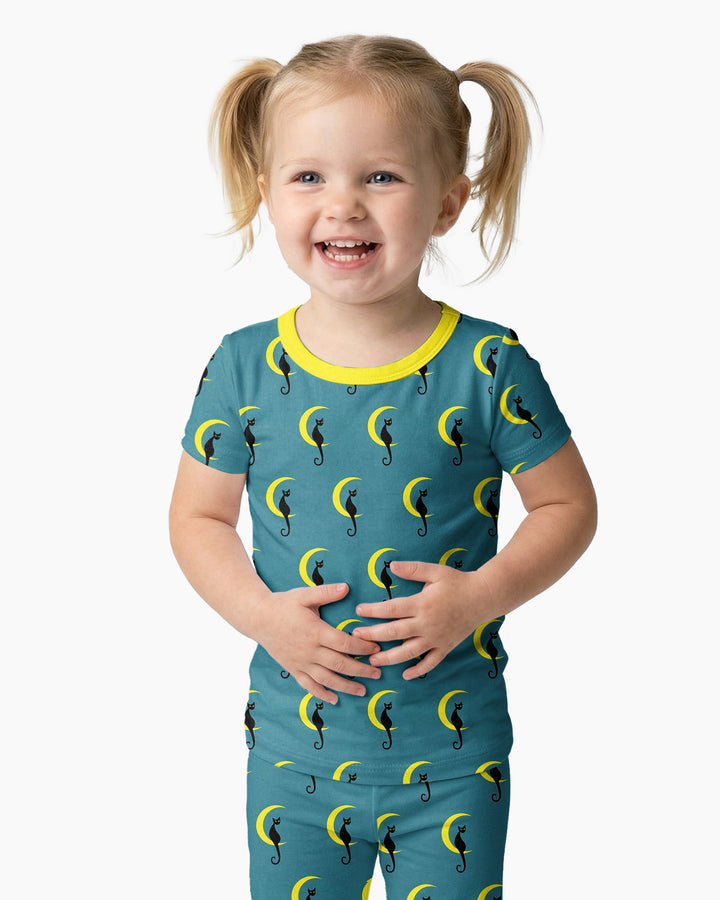 Black Cat Crescent Moon Celestial Night Bamboo Two Piece Short Sleeve Pajama Set