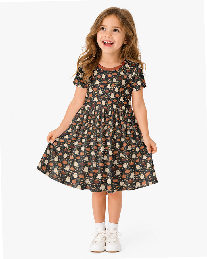Ghost Pumpkin Harvest Floral Halloween Bamboo Twirl Dress
