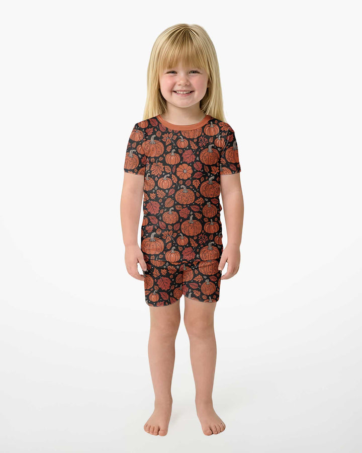 Retro Halloween Pumpkins Bamboo Two Piece Short Sleeve Shorts Pajama Set