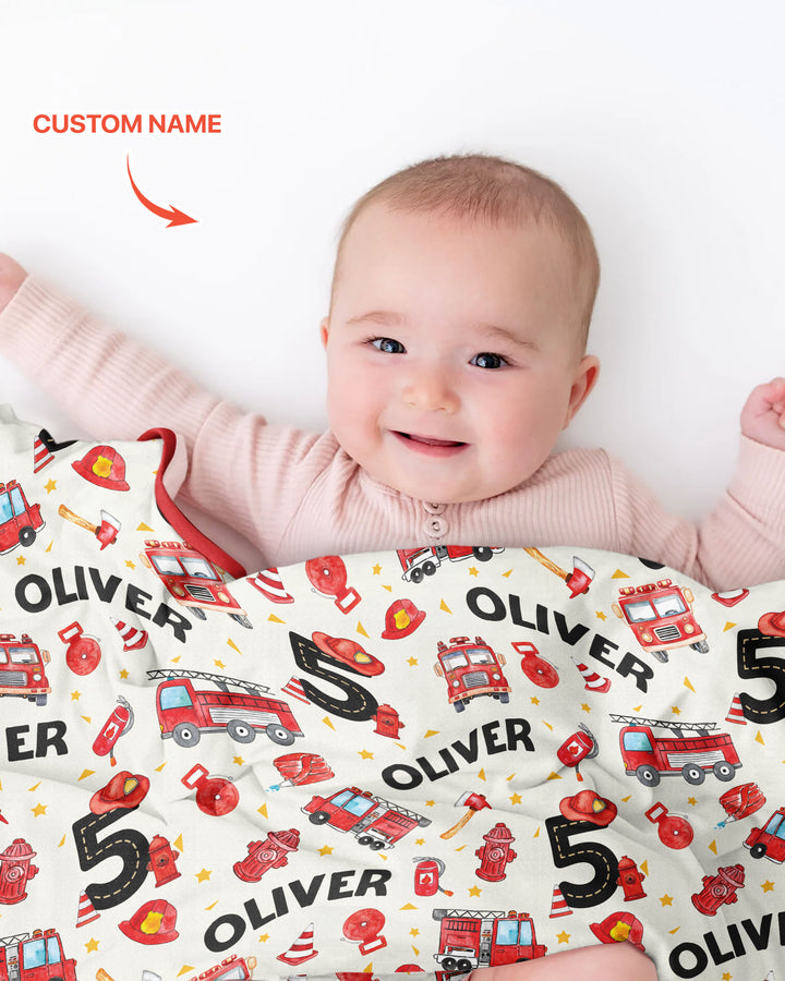 Custom Name Fire Truck Birthday Boy Bamboo Blanket