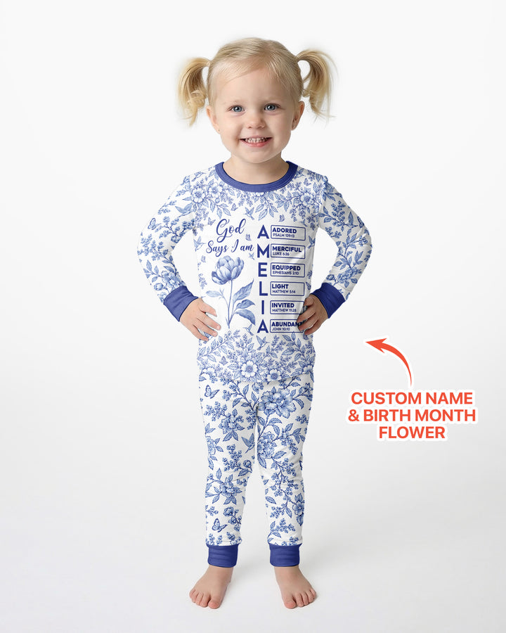 God Says I Am Letter In Bible Birth Flower Toile De Jouy  Bamboo Two Piece Long Sleeve Pajama Set