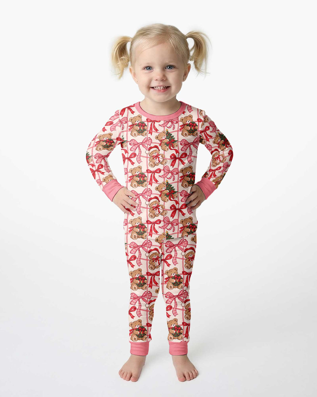 Pink Christmas Teddy Bear Plaid Mommy & Me Matching Bamboo Two Piece Long Sleeve Pajama Set