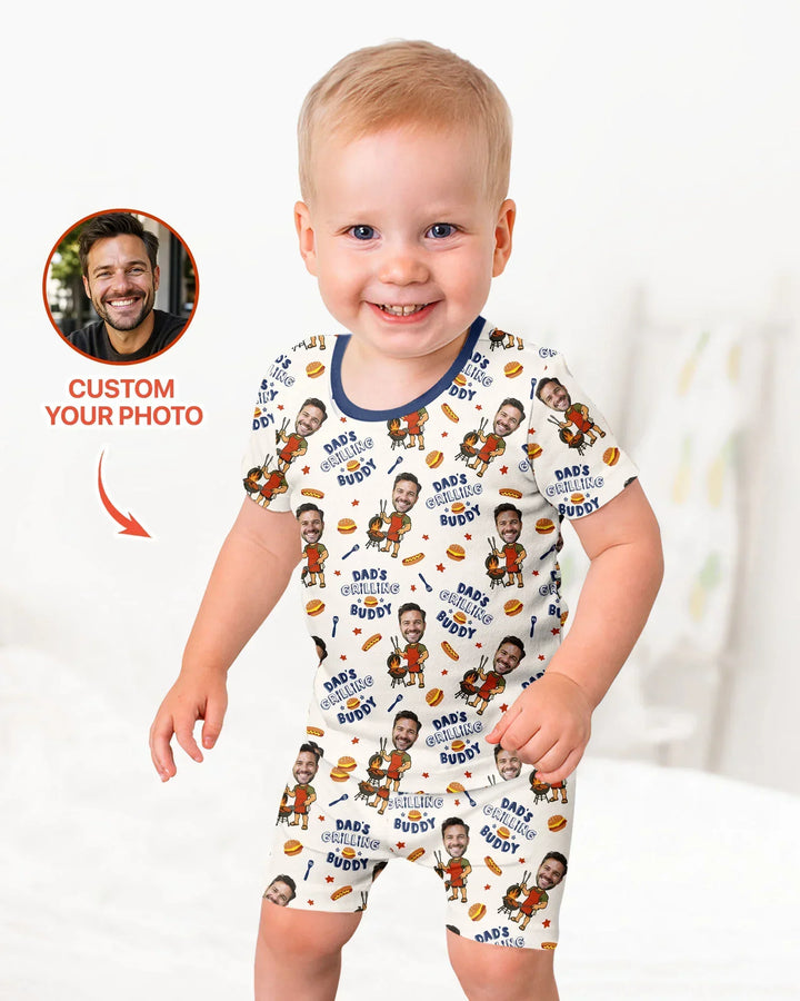 Custom Photo Dad's Grilling Buddy Family Matching Bamboo Two Piece Short Sleeve Shorts Pajama Set