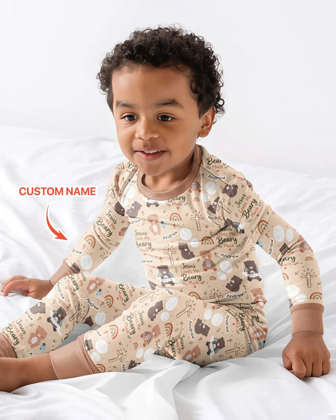Custom Name Jesus Loves Me Beary Much Bamboo Two Piece Long Sleeve Pajama Set