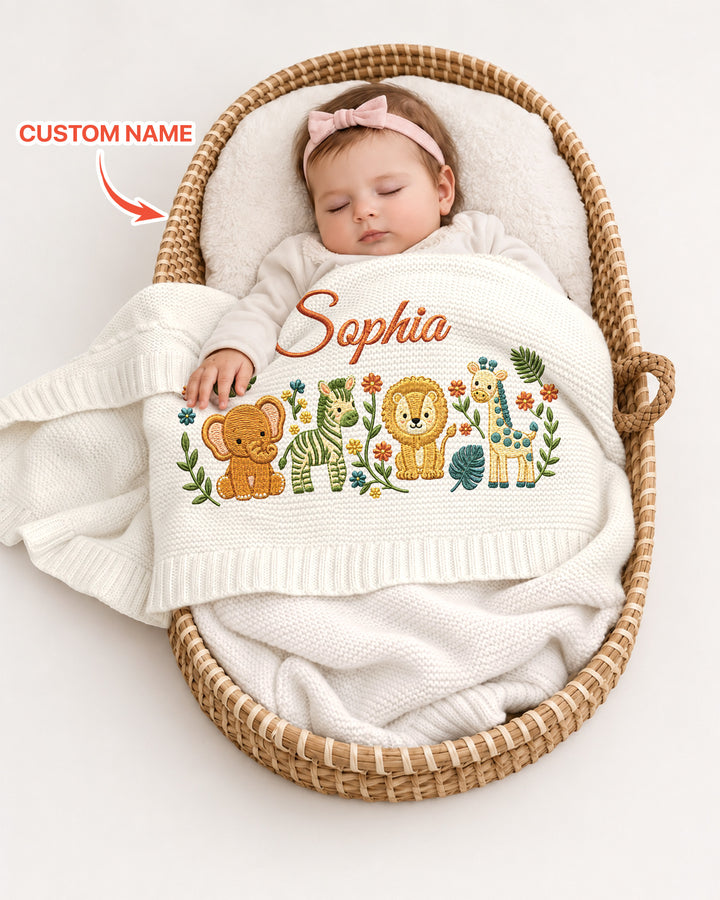 Safari Animal Embroidered Baby Cotton Blanket