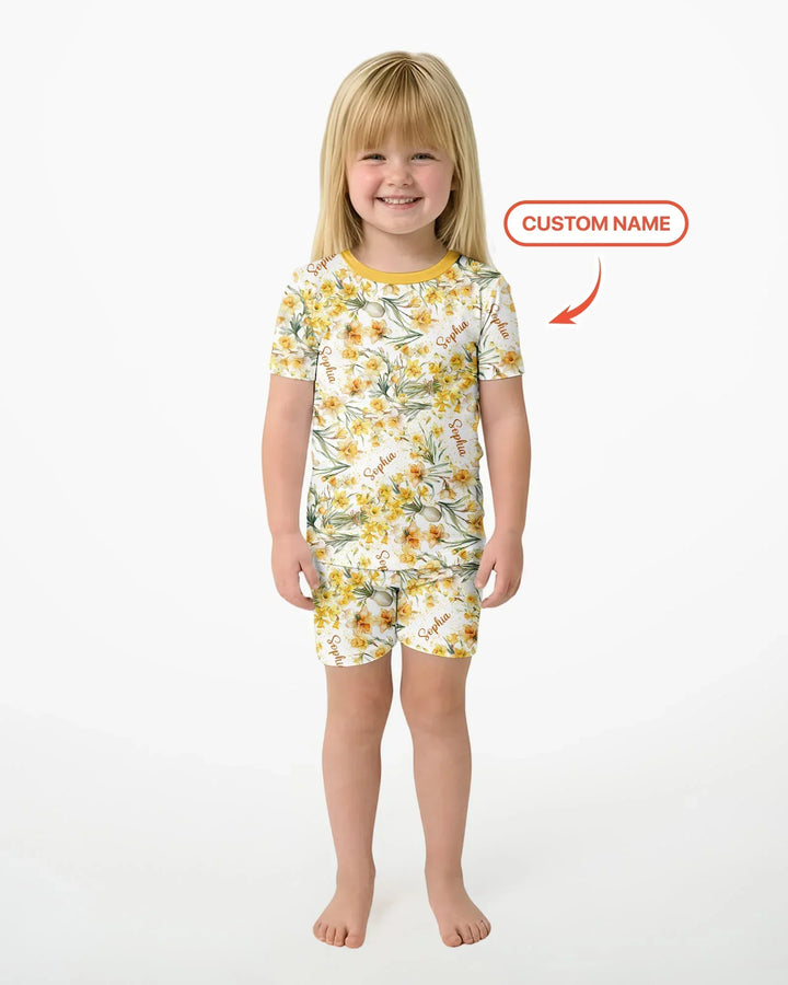 Custom Name Birth Month Flowers Bamboo Two Piece Short Sleeve Shorts Pajama Set