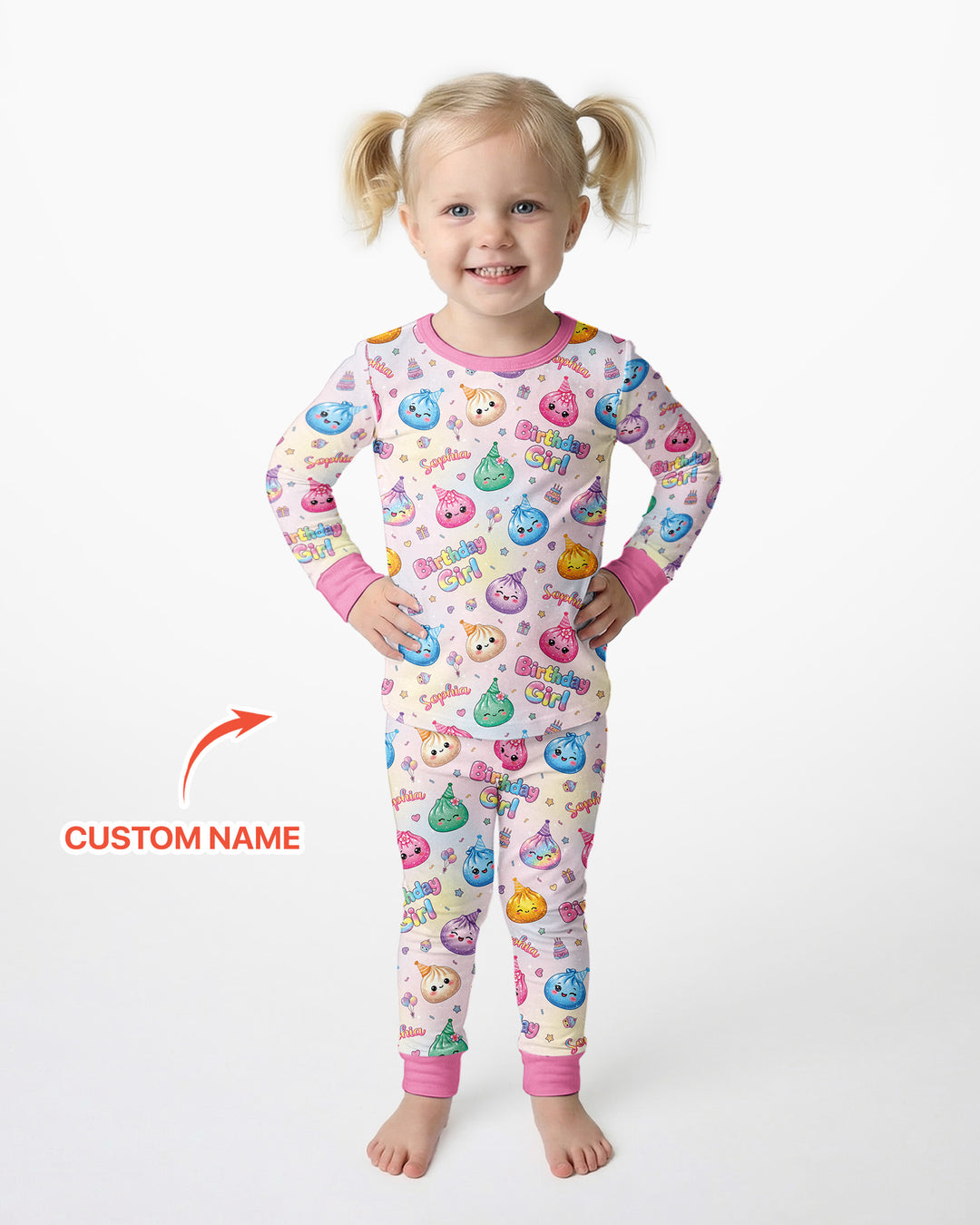Custom Name Glitter Dumpling Birthday Girl Bamboo Two Piece Long Sleeve Pajama Set