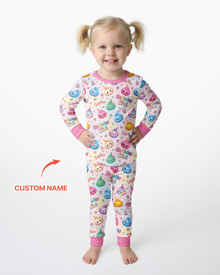 Custom Name Glitter Dumpling Birthday Girl Bamboo Two Piece Long Sleeve Pajama Set
