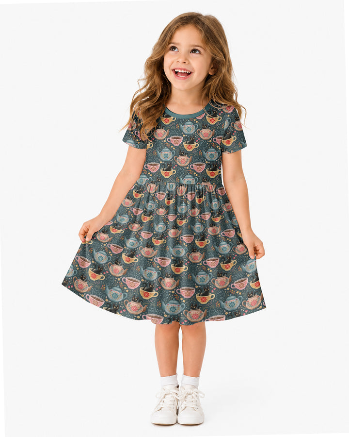 Folk Floral Black Cat Tea Party Bamboo Twirl Dress