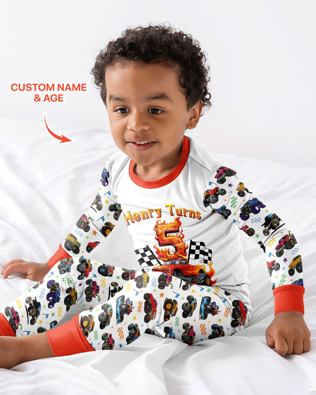 Monster Truck Birthday Boy Custom Name & Age Bamboo Two Piece Long Sleeve Pajama Set